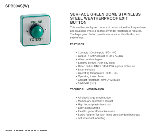 SSP Surface Green Dome Exit Button Weatherproof Stainless Steel