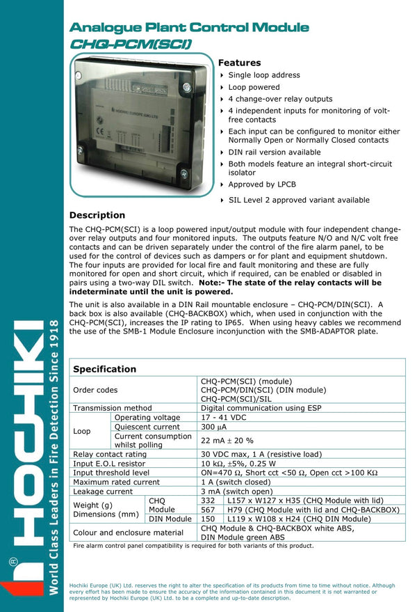 Hochiki Plant Control Module - Din Enclosure with SCI