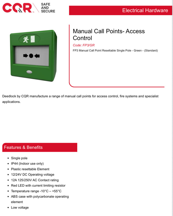 Surface Manual Call Point Resettable Single Pole Green, CQR FP3