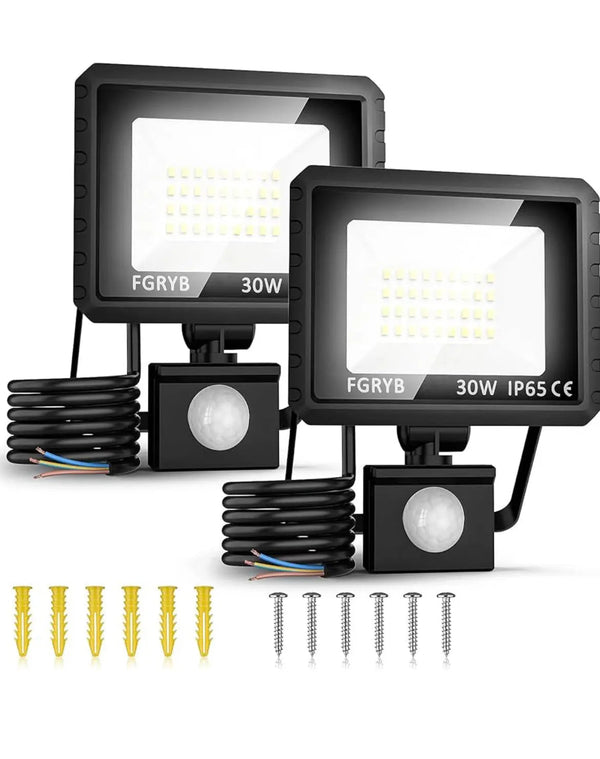 2Pcs Security Lights Outdoor Motion Sensor - 30w Pir LED Floodlight Outside Light Mains Powered - External Flood & Spot Lighting Waterproof Exterior Spotlight Garden Garage Backyard Movement Detector FIXES-HUB