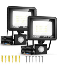 2Pcs Security Lights Outdoor Motion Sensor - 30w Pir LED Floodlight Outside Light Mains Powered - External Flood & Spot Lighting Waterproof Exterior Spotlight Garden Garage Backyard Movement Detector FIXES-HUB