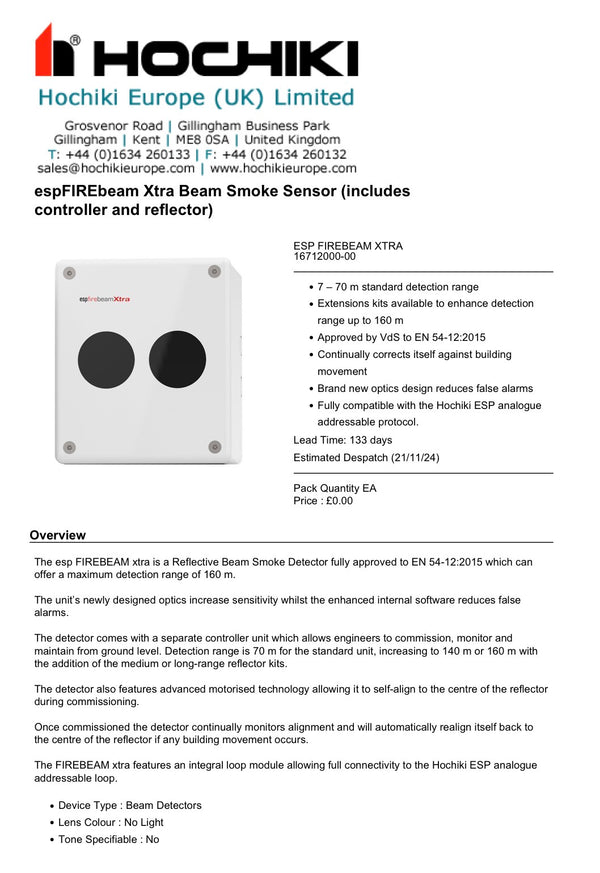 Hochiki ESP Firebeam Xtra Beam Smoke Sensor includes Controller + Reflector