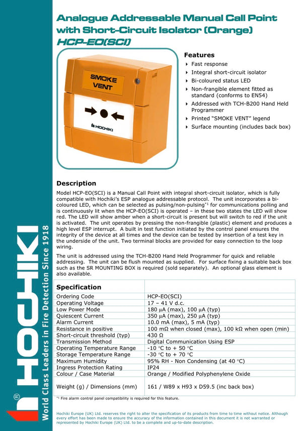 Hochiki Manual Callpoint with SCI "Smoke Vent" (Orange) HCP-EO(SCI)