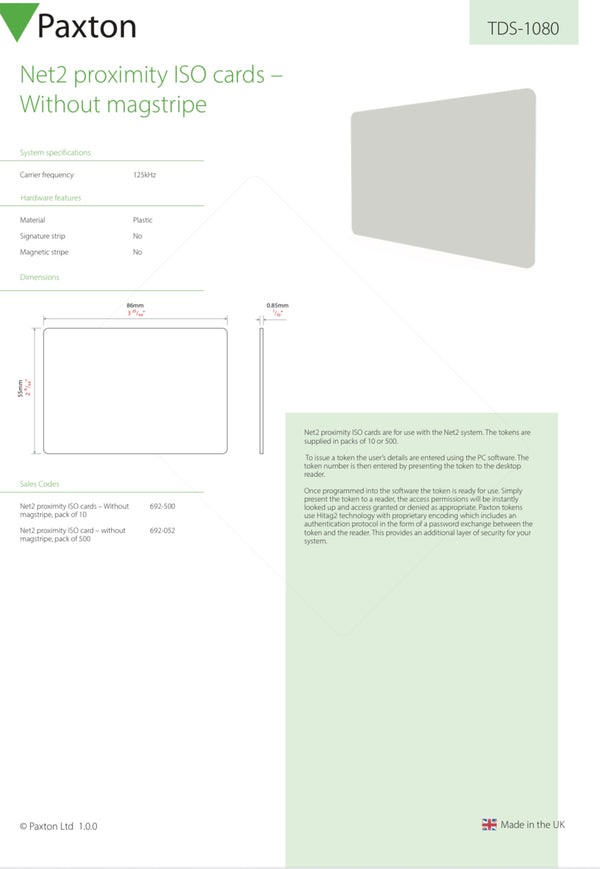 Paxton Net2 Proximity ISO Card without Magstripe (Pack 10), 692-500