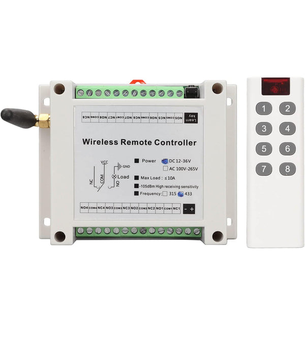 DC 12V-36V Wireless RF Remote Control Switch - 8 Channel Relay Module 433Mhz Transmitter Receiver Kit for Lights, Ceiling Fans, Garage Door Openers