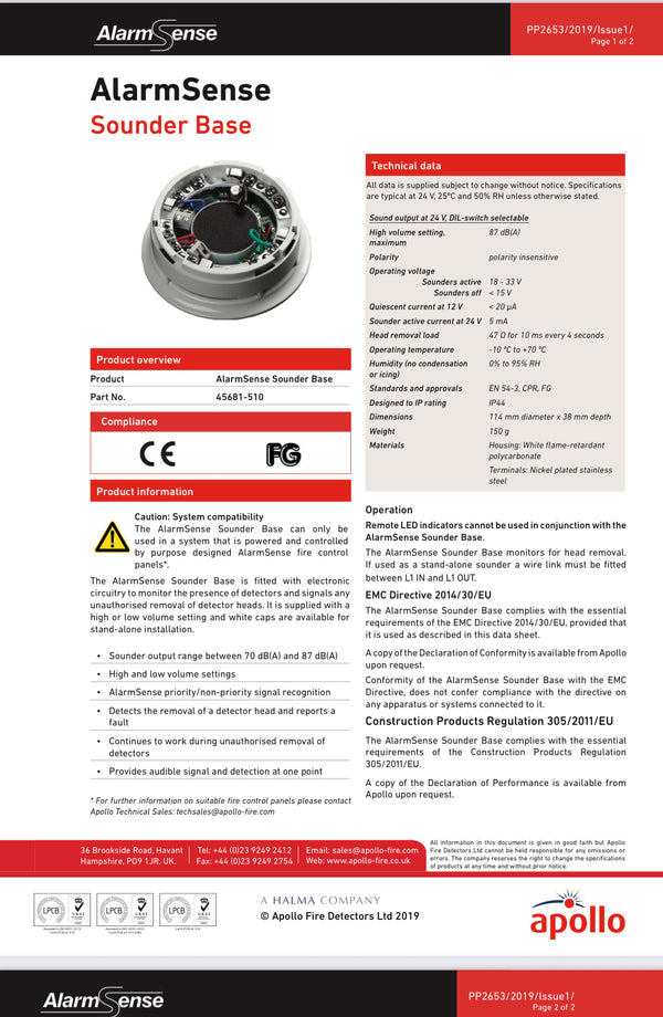 Apollo AlarmSense Sounder Base