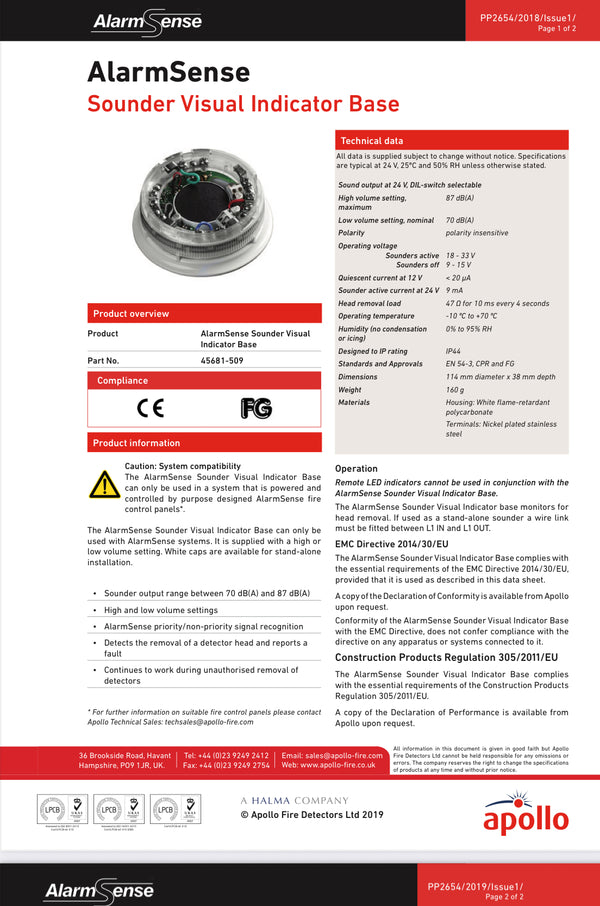 Apollo AlarmSense Sounder Visual Indicator Base Red Flash