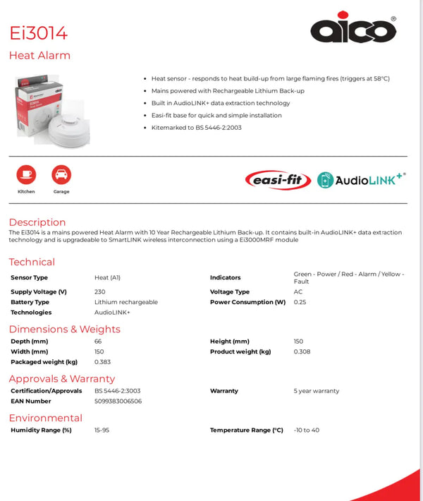Aico Heat Alarm with Audio/SmartLINK & Battery Backup
Fire, Ei3014 FIXES-HUB