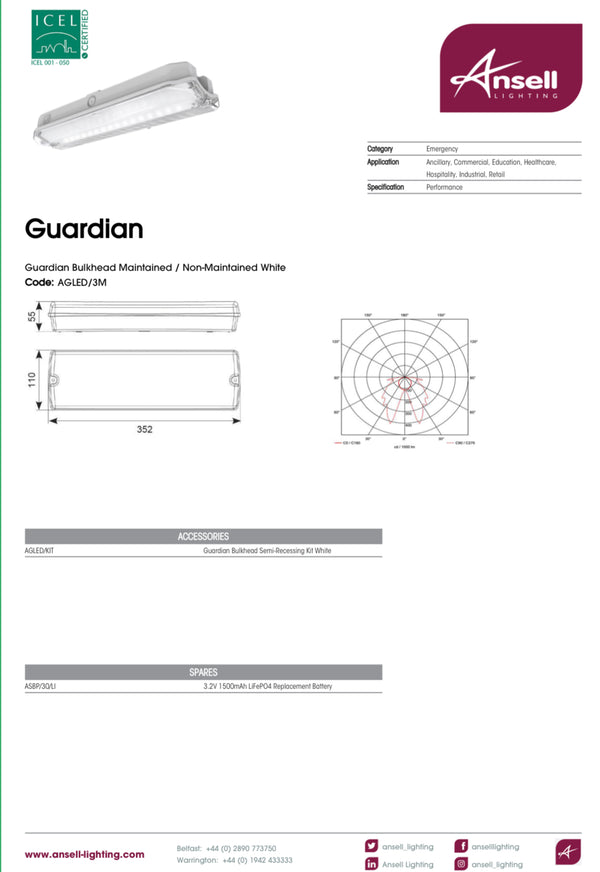 Guardian Bulkhead Maintained / Non-Maintained White, AGLED/3M