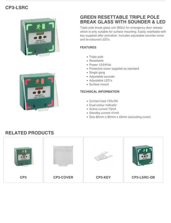 SSP Green Resettable Triple Pole Break Glass with Sounder + LED FIXES-HUB