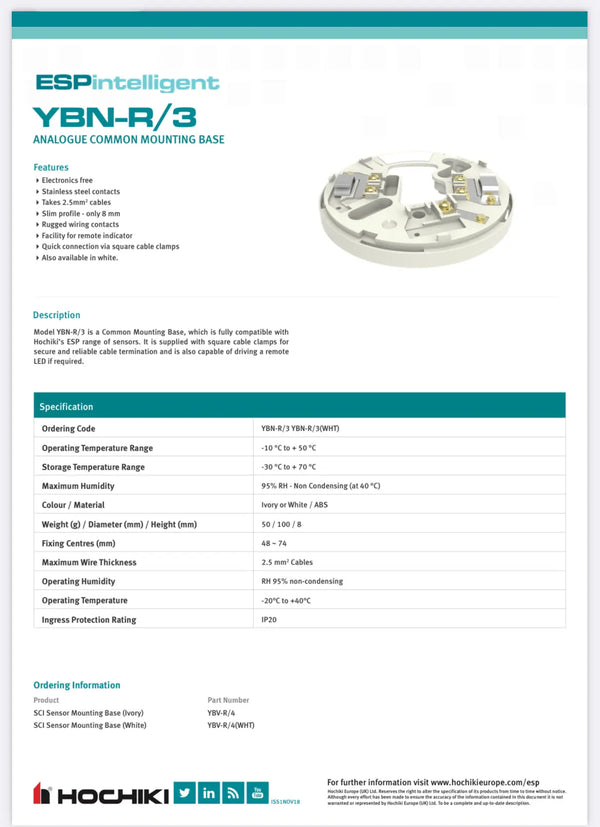 Hochiki, Sensor Mounting Base Ivory - YBN-R/3 FIXES-HUB