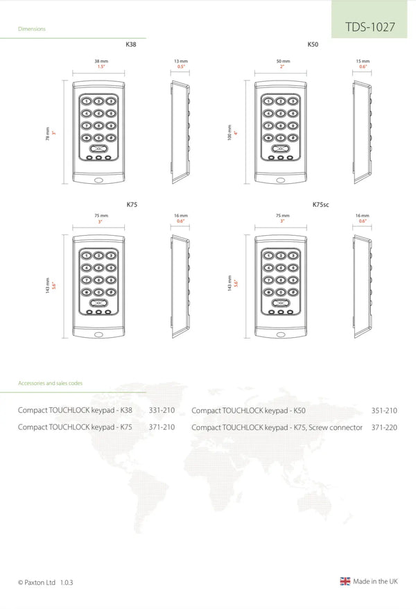 Paxton Compact TOUCHLOCK K75 Keypad Stainless Steel. FIXES-HUB