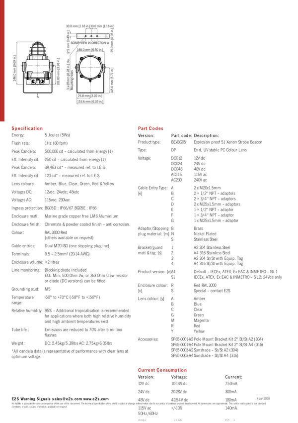 BExBG05 Series Red Strobe Beacon, 230 V ac, Surface Mount, Xenon Bulb, IP67