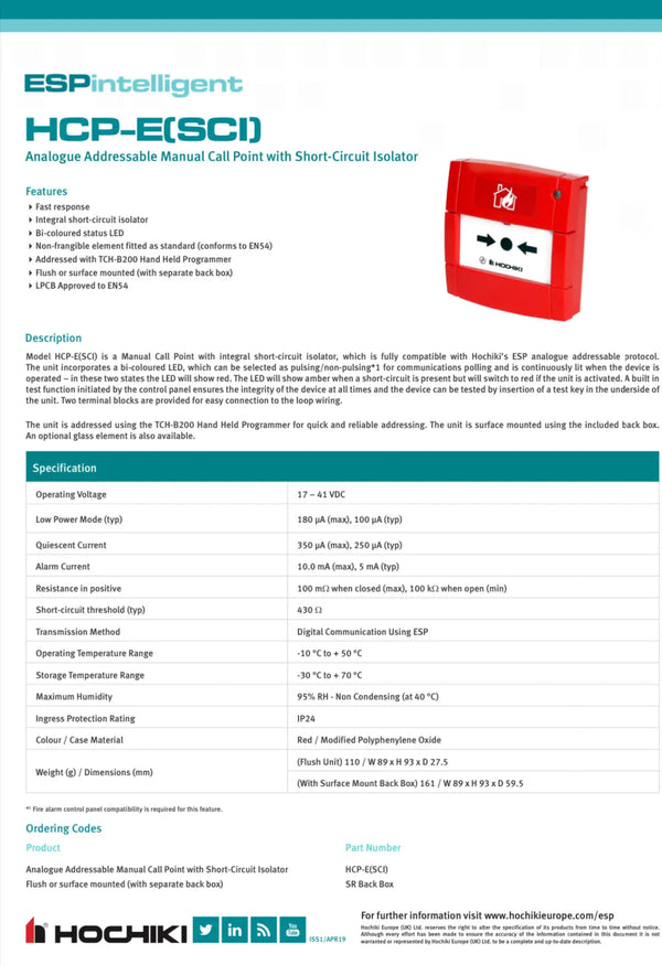 Hochiki Addressable Call Point with SCI (Red) - HCP-E(SCI) FIXES-HUB