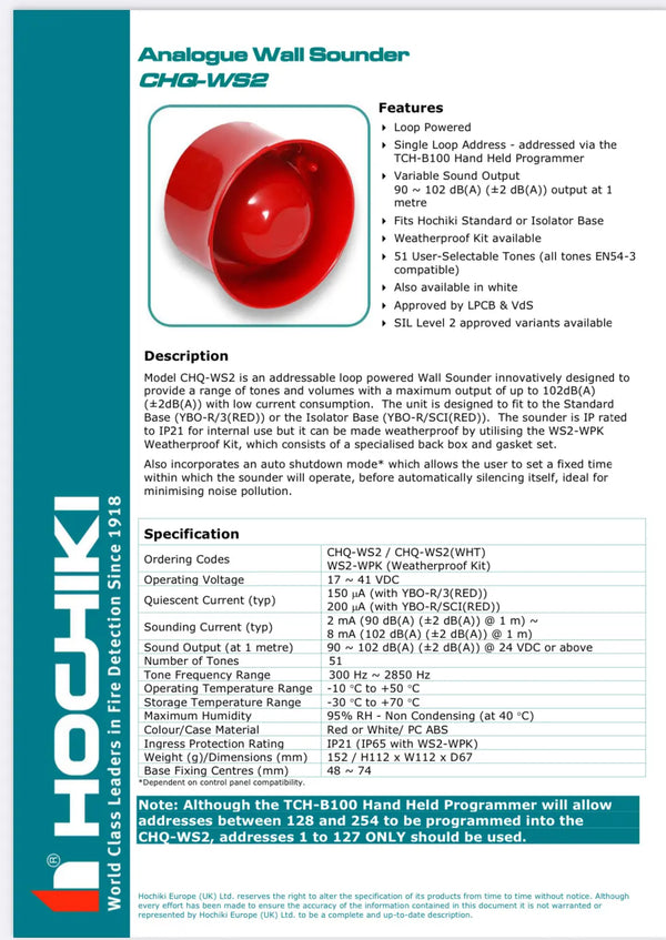 Wall Sounder, Red case - Hochiki
CHQ-WS2 FIXES-HUB