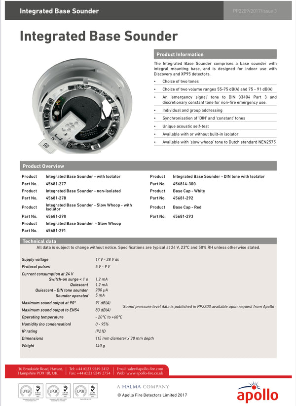 Apollo XP95 Integrated Base Sounder with Isolator