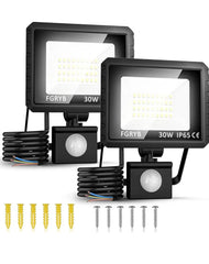 2Pcs Security Lights Outdoor Motion Sensor - 30w Pir LED Floodlight Outside Light Mains Powered - External Flood & Spot Lighting Waterproof Exterior Spotlight Garden Garage Backyard Movement Detector FIXES-HUB