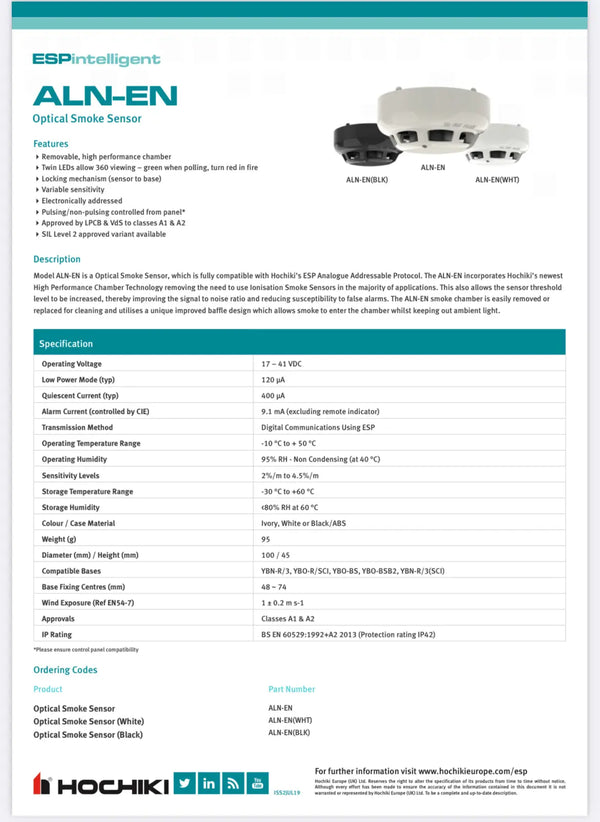 Hochiki, Photoelectric Smoke Sensor - White case - ALN-EN(WHT) FIXES-HUB