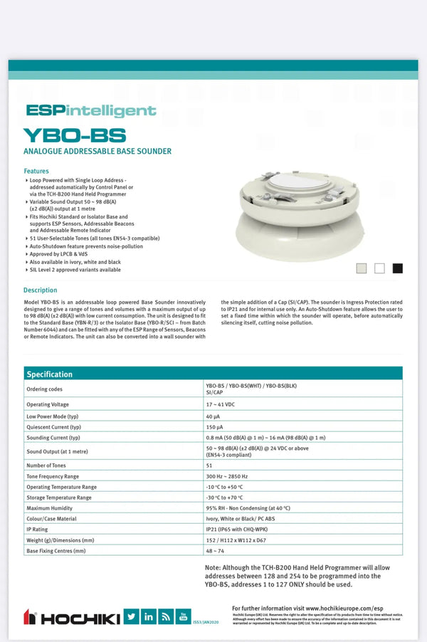 Hochiki, Base Sounder - White case - YBO-BS(WHT) FIXES-HUB