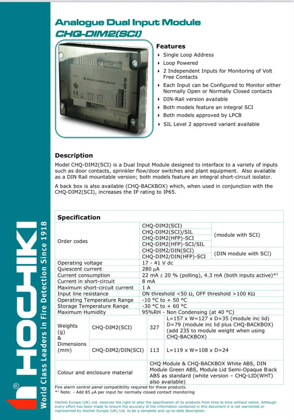 Hochiki Dual Input Module with SCI - CHQ-DIM2(SCI) FIXES-HUB