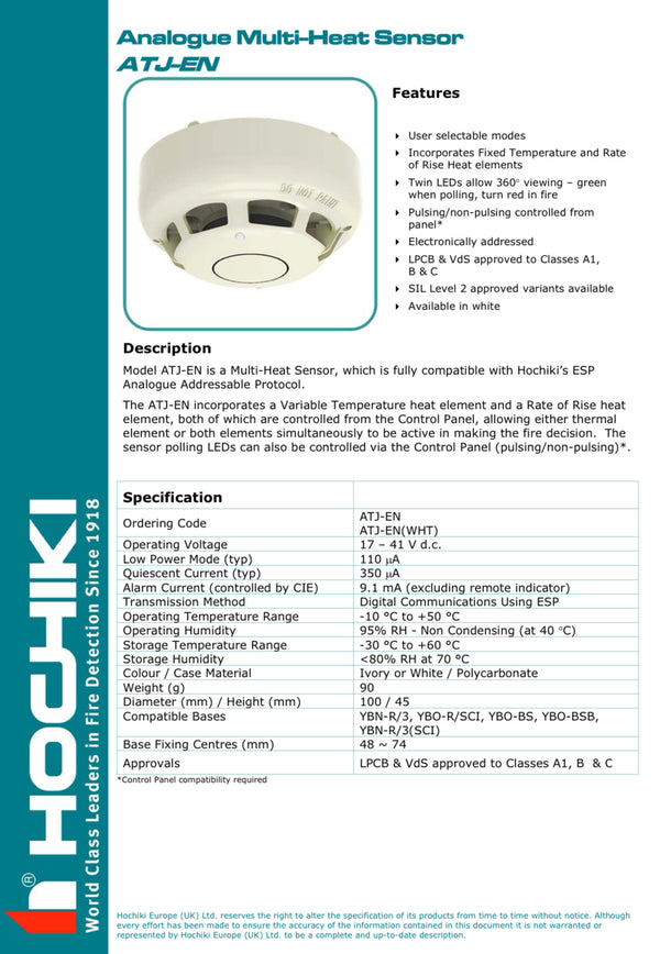 Hochiki Heat Sensor - White Case, ATJ-EN(WHT)