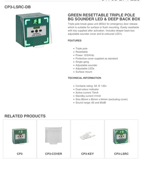 SSP Green Resettable Triple Pole Break Glass Sounder LED Deep Back Box, Access Control FIXES-HUB