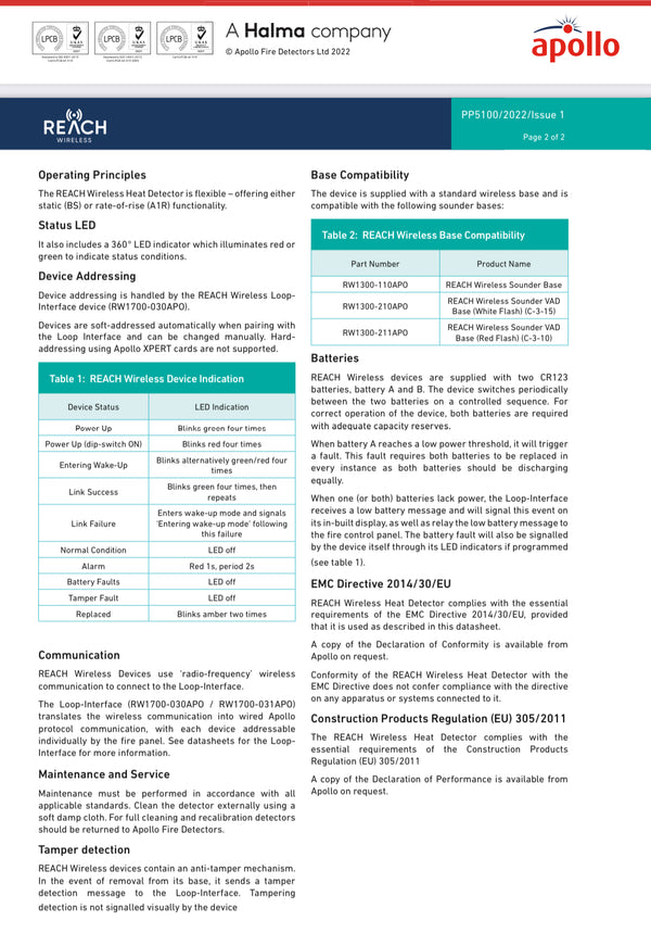 Apollo REACH Wireless Heat Detector White