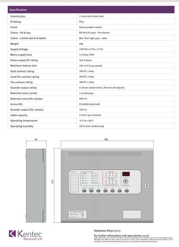Kentec Sigma CP 2 Zone 4-Wire Conventional Fire Alarm Control Panel, K11020M2 FIXES-HUB