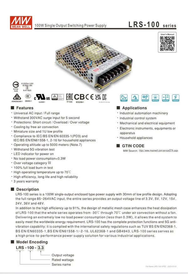 MEAN WELL LRS-100-24
24V, 4.5A, 108W, Enclosed Power Supply FIXES-HUB