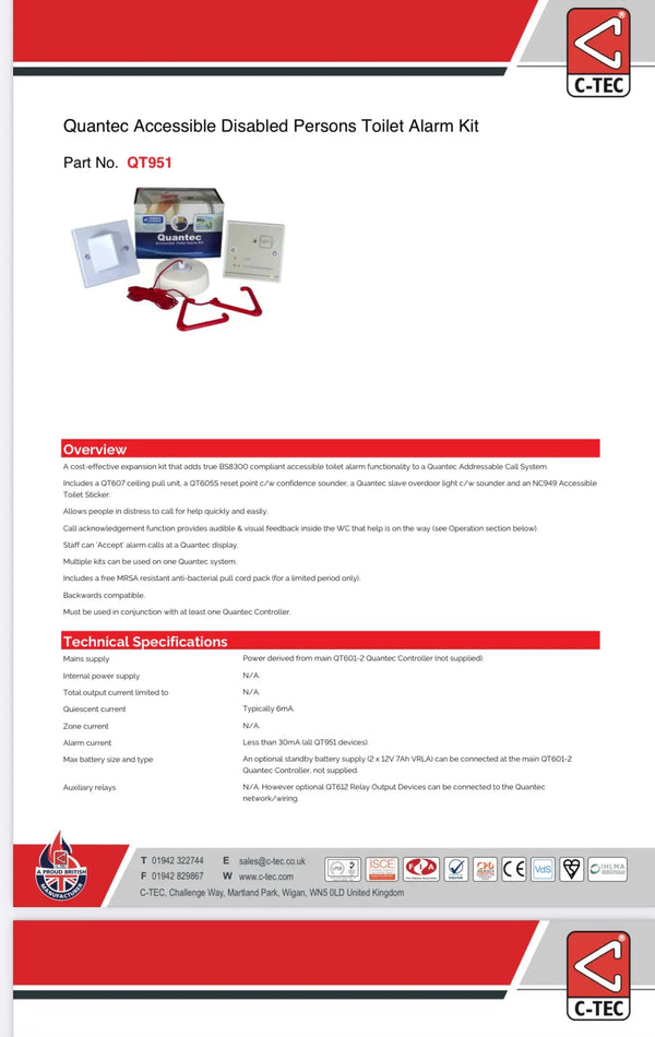 Quantec Accessible Disabled Persons Toilet Alarm Kit - C-TEC
QT951 FIXES-HUB