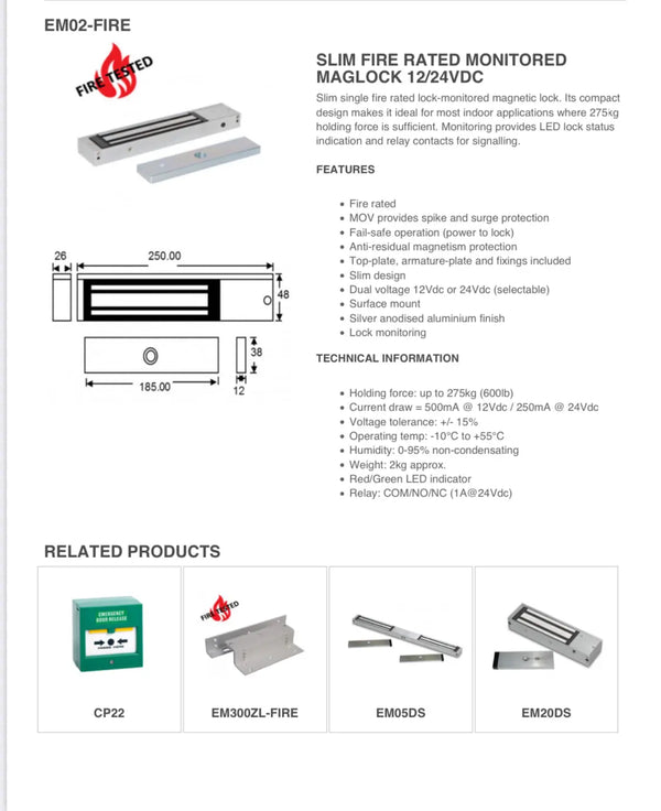 SSP Slim Fire Rated Monitored Maglock 12/24VDC, Access Control FIXES-HUB