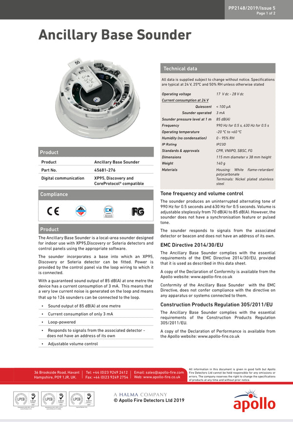 Apollo XP95 Ancillary Base Sounder