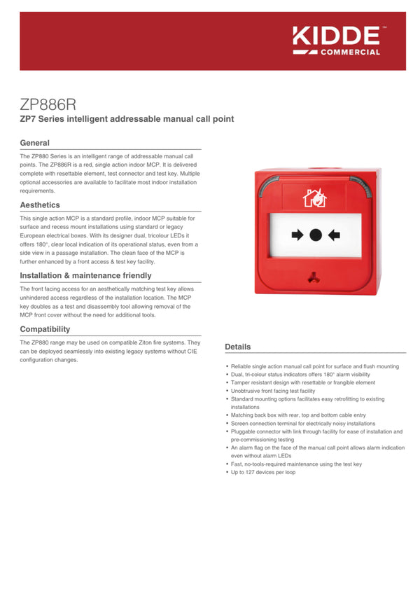 ZITON ZP886R ZP7 SERIES INTELLIGENT ADDRESSABLE MANUAL CALL POINT - RED