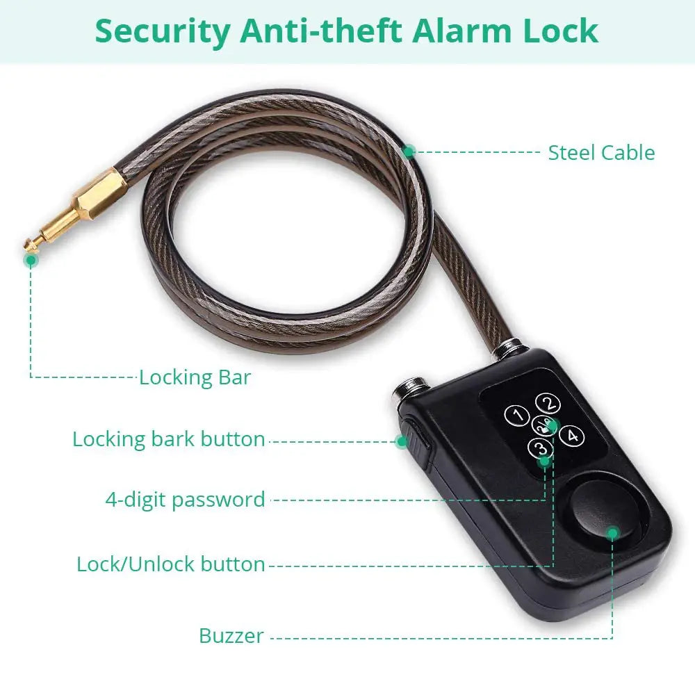 Bike Lock 110dB Waterproof Security Bicycle Cable Lock with Remote Control 4-Digit Password Motorcycle Burglar Alarm