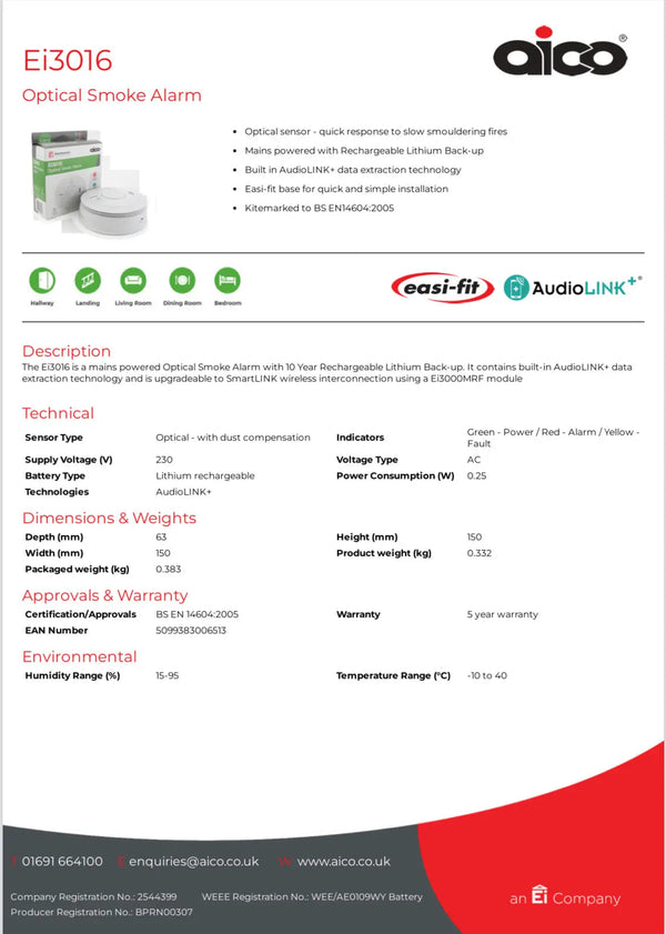 Aico Optical Smoke Alarm 230V with AudioLINK+ & Battery Backup - FIXES-HUB