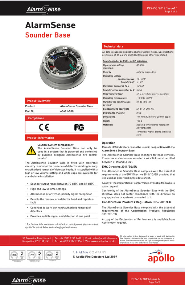 Apollo AlarmSense Sounder Base