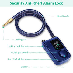 Bike Lock 110dB Waterproof Security Bicycle Cable Lock with Remote Control 4-Digit Password Motorcycle Burglar Alarm