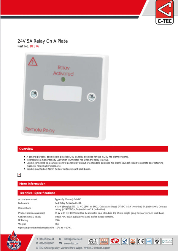 C-Tec 24V 5A Relay On a Plate Single Gang BF376