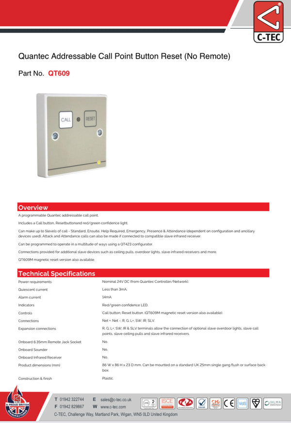 C-TEC Quantec Addressable Call Point c/w Button Reset (No Remote) QT609