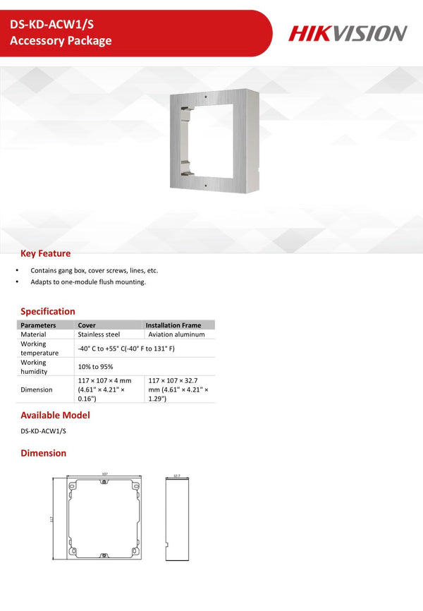 Hikvision 2nd Video Intercom Brackets DS-KD-ACW1/S
