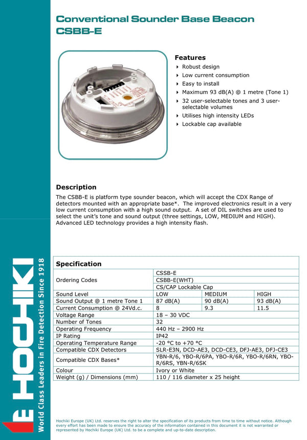 Hochiki Conventional Sounder Beacon Base - White Case (non EN54-23 compliant)