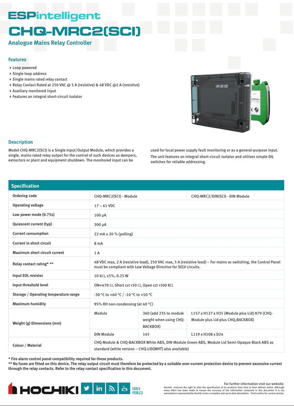Hochiki Mains Relay Controller w/Sci - CHQ-MRC2(SCI)