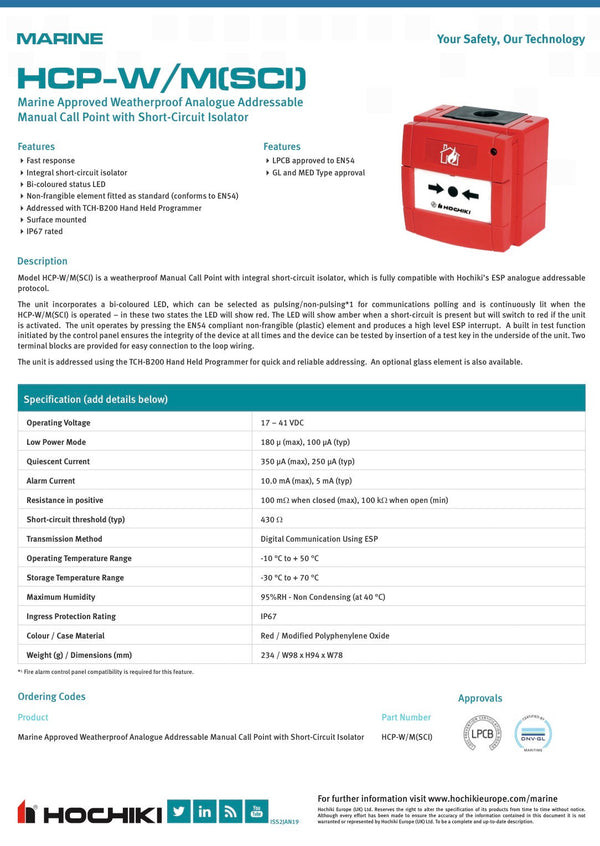 Hochiki Marine Approved Weatherproof Addressable Manual Call Point with SCI HCP-WM(SCI)