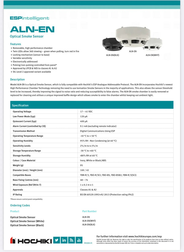 Hochiki, Photoelectric Smoke Sensor - White case - ALN-EN(WHT) FIXES-HUB