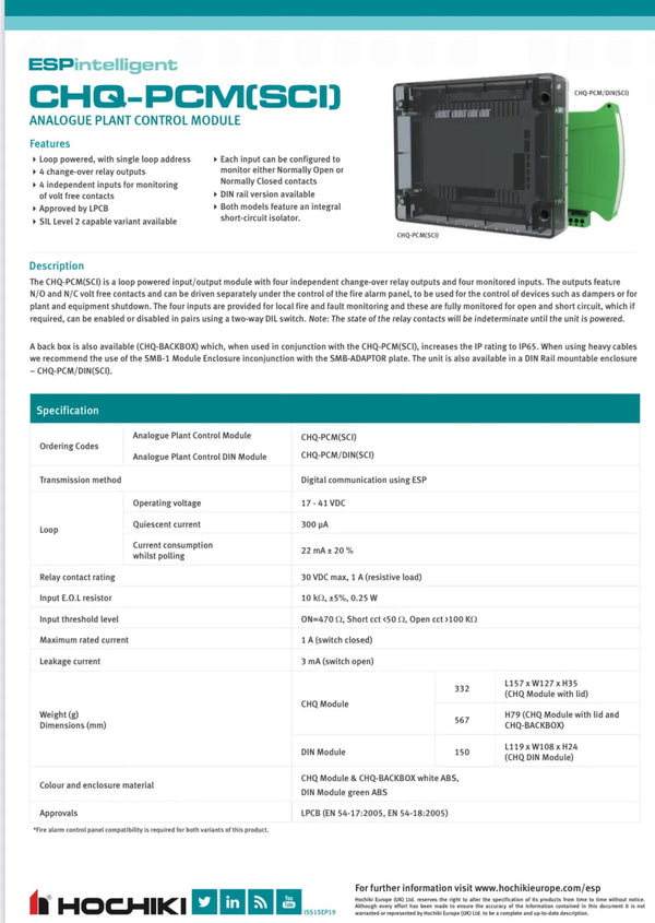 Hochiki Plant Control Module with SCI - CHQ-PCM(SCI) FIXES-HUB