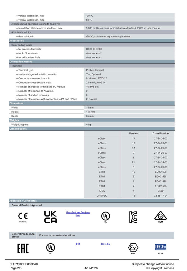 SIMATIC ET 200SP BaseUnit BU15-P16 + A0 + 2B 6ES7193-6BP00-0BA0 SIEMENS