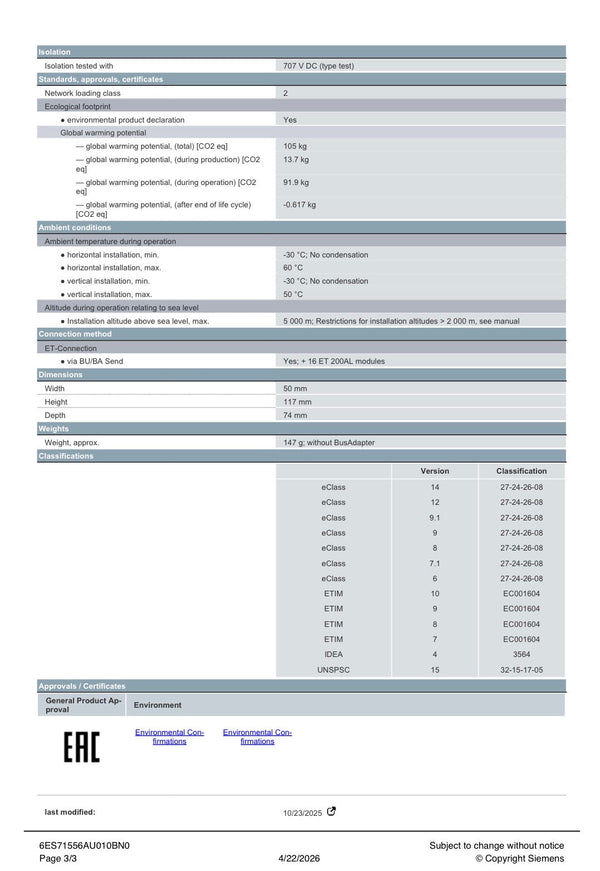 SIMATIC ET 200SP PROFINET interface module IM 155-6PN Standard 6ES7155-6AU01-0BN0 SIEMENS