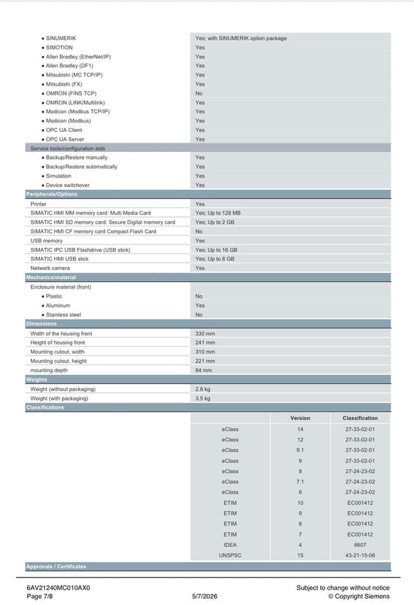 SIMATIC HMI TP1200 Comfort Comfort Panel Touch operation 12’’ widescreen TFT display 6AV2124-0MC01-0AX0 SIEMENS