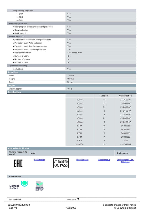 SIMATIC S7-1200 CPU 1214C compact CPU 6ES7214-1BG40-0XB0 SIEMENS