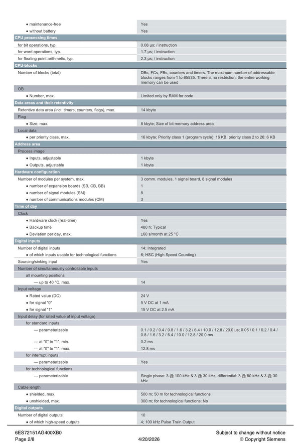SIMATIC S7-1200 CPU 1215C compact CPU 6ES7215-1AG40-0XB0 SIEMENS